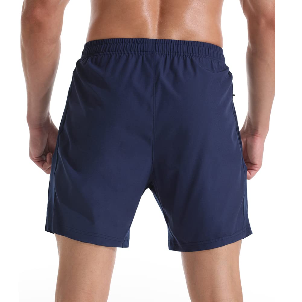 Gerlobal Men's 7" Athletic Running Shorts Lightweight Quick Dry Gym Workout Shorts with Zipper Pockets Navy,Large