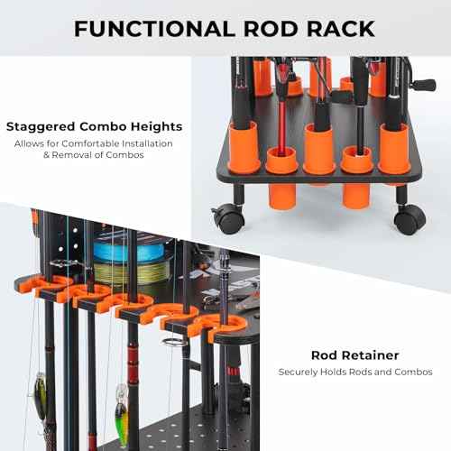 KastKing V10 Gear Trolley, Indoor Fishing Rod Holder for 10 Combos, 3-Tier Fishing Accessory Shelves With Peg Wall, Patented Built-in Line Spooler, Mobile Tackle Storage Cart With Locking Wheels