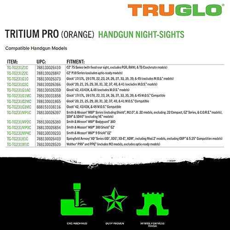 TRUGLO Tritium Pro Night Sights, Compatible with Smith & Wesson Handgun Models Glow-in-The-Dark Front & Rear Gun Sight Set with Focus Lock Front Ring