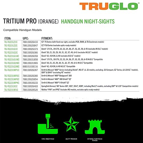 TRUGLO Tritium Pro Night Sights, Compatible with Glock 42/43 MOS Handgun Models | Compact Durable Glow-in-The-Dark Front & Rear Gun Sight Set with Orange Focus Lock Front Ring