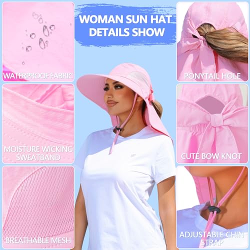 SENWAI Womens Sun Hat Outdoor UV Protection Wide Brim Fishing Hat with Ponytail Hole Neck Flap for Beach Hiking Camping, Pink