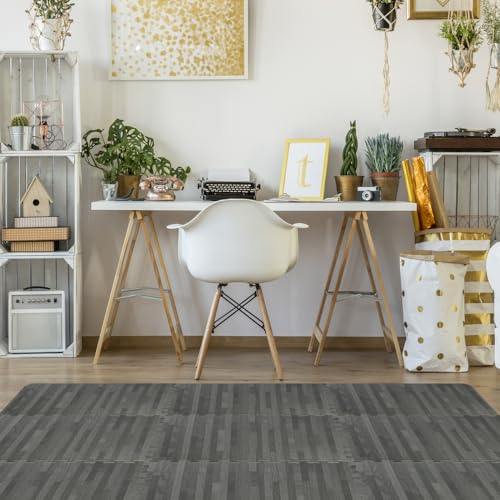 Sorbus 48Sq. Ft. Wood Grain Floor Tiles Foam Mat EVA Interlocking Mats Tile 3/8-Inch Thick Flooring Wood Puzzle Exercise Mats w/Borders - Home Playroom Basement, Apartment, Trade Show, Baby, Dance