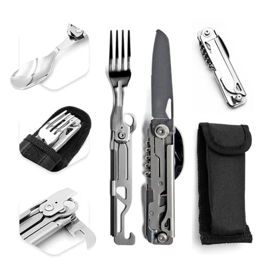 Camping Utensils - 4 In 1 Stainless Steel, Safety Locking Camping Accessories with Durable Sheath - Compact Multi Tool For Camping With Knive, Spoon, Fork, Bottle Opener by Hayvenhurst