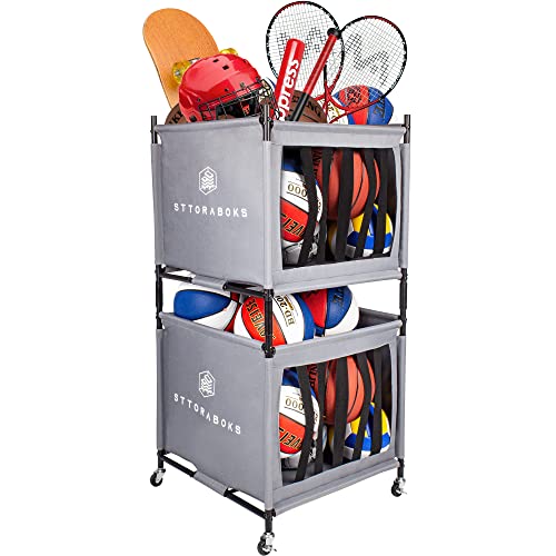 Sttoraboks Sports Ball Storage Cart with Wheels, Lockable Ball Organizer Basket with Elastic Straps, Stackable Ball Cage for Garage Storage, Gym, Sports Equipment Storage Oxford Bins, Black, 2 Pack