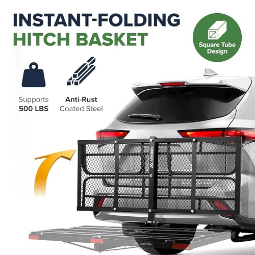 ARKSEN 60" x 24" x 14" Folding Cargo Rack Carrier 500 Lbs Heavy Duty Capacity 2 Inch Receiver Luggage Basket Hitch Fold Up for SUV Pickup Camping Traveling