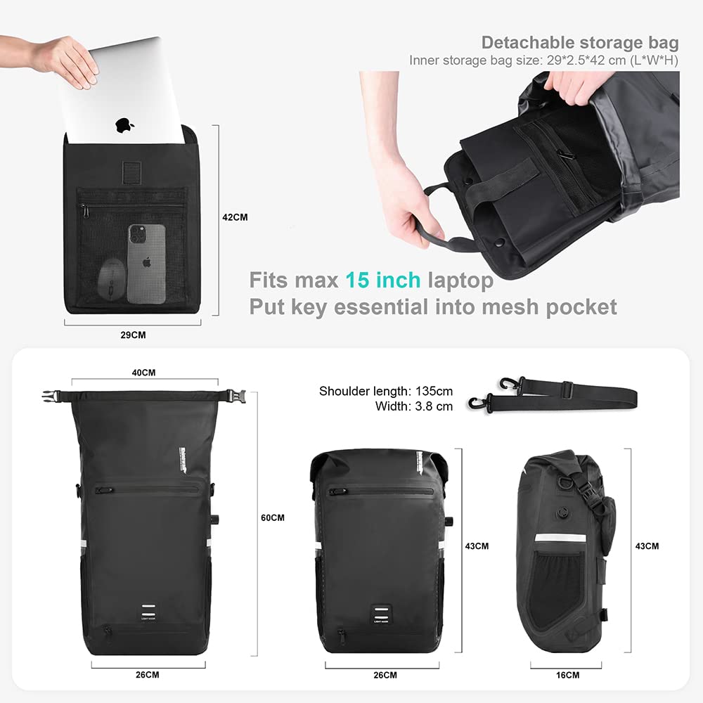 Rhinowalk Bike Pannier Bag 22L Waterproof Bicycle Bag Convertible - 2 in 1 Pannier Backpack Shoulder Bag Laptop Pannier Travel Bag Professional Cycling Accessories-Green