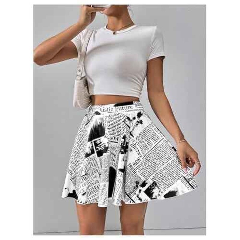 WDIRARA Women's Newspaper Graphic Print Skorts High Waist Flowy Athletic Skirts with Shorts Underneath