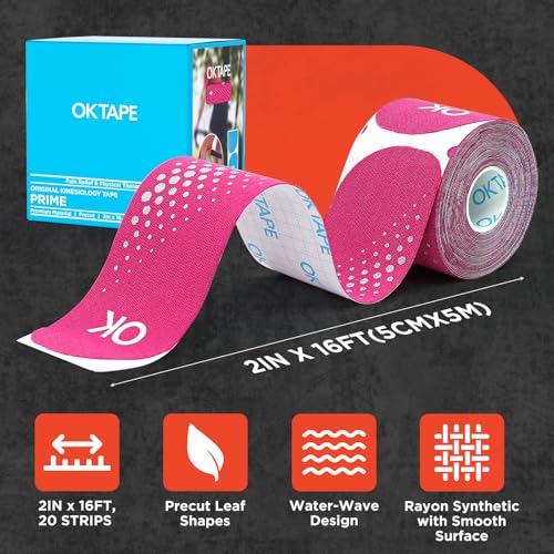 OK TAPE Synthetic Kinesiology Tape Precut Strips, Waterproof Kinesiology Athletic Tape for Joint & Muscle Support, Reflective and Durable Tape, 2in¡¿16.4ft Roll 20PCS | Pink
