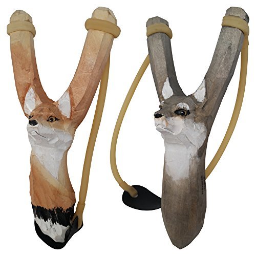 NatureLaunchers Hand-Carved Wooden Animal Slingshot Set | 2 Pack (Wolf & Fox)