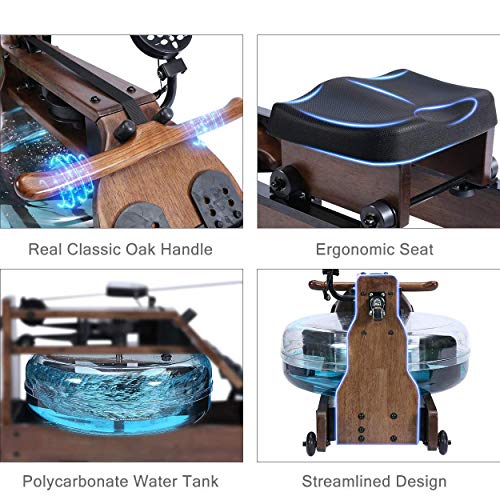 TRUNK Foldable Water Rowing Machine for Home Fitness, Classic Wood Rower Machine with Bluetooth Monitor Whole Body Exercise Cardio Training (Included an Dust Cover and Phone Holder)