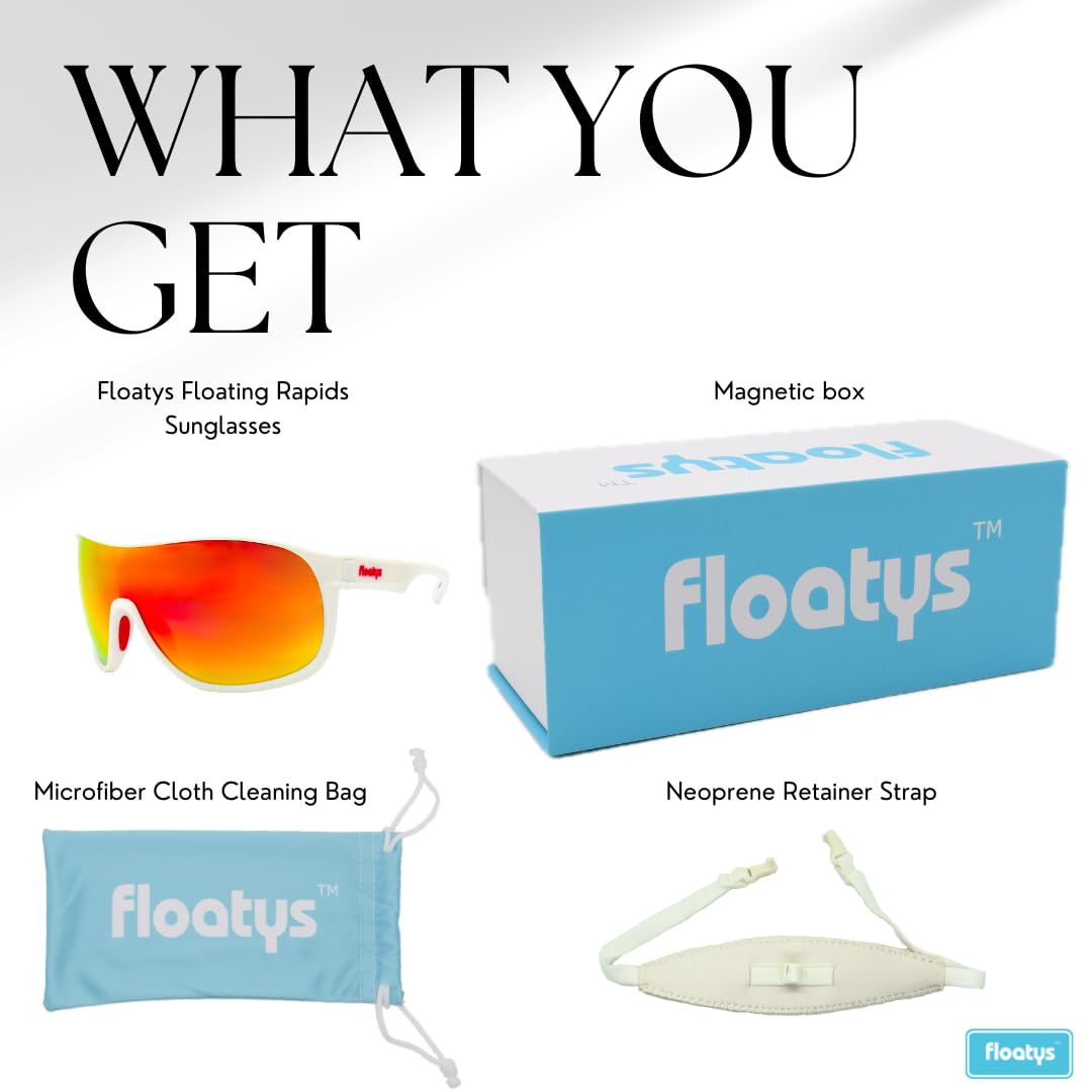 Floatys Floating Sunglasses Rubberized Rapids | Polarized Water Repelling Lenses | Sport shield wrap around | Men and Women (White Frame/Blue Mirror Lens)