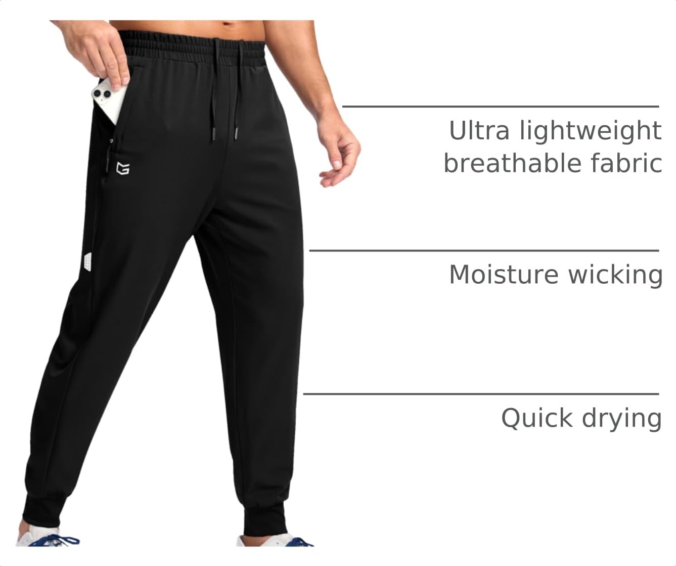 G Gradual Men's Joggers with Zipper Pockets Lightweight Athletic Workout Pants Quick Dry Sweatpants for Men Running Hiking(Black,L)