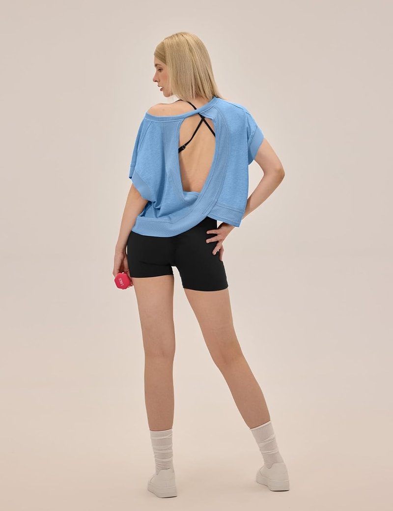 Open Back Workout Tops for Women - Loose Fit Athletic Crop Tee | Short Sleeve Gym & Yoga Shirt