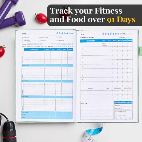 5 MINUTES A DAY Weight Loss Journal for Women, 90 Days Food and Fitness Planner, Calories Counter Book to Track Meal And Exercise, Weightlifting Journal Home Gym Accessories Gift-Green