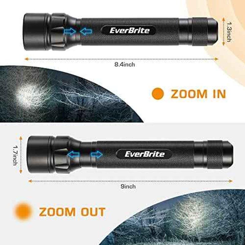 EverBrite Ultra Bright Tactical Flashlight, 600 Lumen Zoomable Adjustable Focus, 4 Light Modes, Heavy-Duty Aluminum Flashlight for Hurricane Supplies Camping, 3C Alkaline Batteries Included