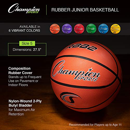 Champion Sports Rubber Junior Basketball, Heavy Duty Pro-Style Basketballs, Premium Basketball Equipment, Indoor Outdoor - Physical Education Supplies (Size 5, Blue)