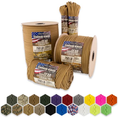 TOUGH-GRID 750lb Paracord/Parachute Cord - 100% Nylon Mil-Spec Type IV Paracord Used by The US Military, Great for Bracelets and Lanyards, 50Ft. - Grizzly (Coyote) Brown