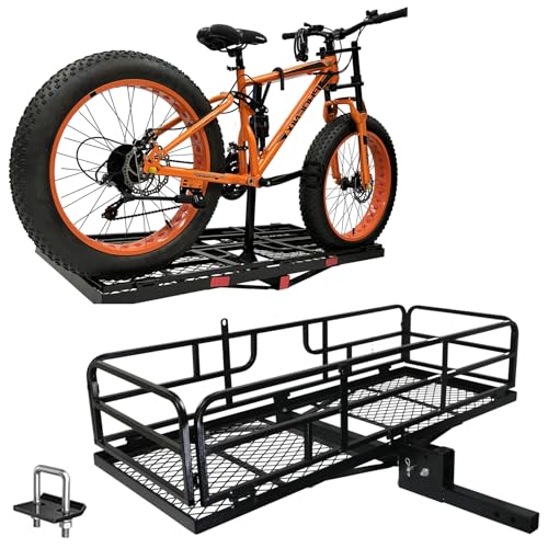 Hitch Mount Cargo Carrier Basket - Comes with Bike Rack Fits 2 Ebike Fat-Tire Electric Bicycle with Folding Large Heavy Duty 500Lbs Fits 2" Receiver for Car Truck SUV RV (66"x24"x14", Charcoal Black)