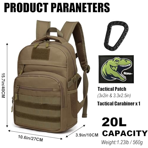 Kids Tactical Backpack Army Molle Bookbag Military Boys Backpack for School, Outdoor, Camping (Includes 2 Patches +1 Carabiner), Brown