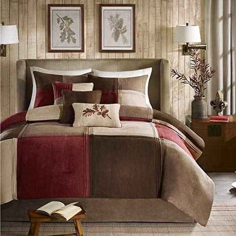 Madison Park Cozy Comforter Set Casual Blocks Design All Season, Matching Bed Skirt, Decorative Pillows, Queen(90"x90"), Red Brown, 7 Piece