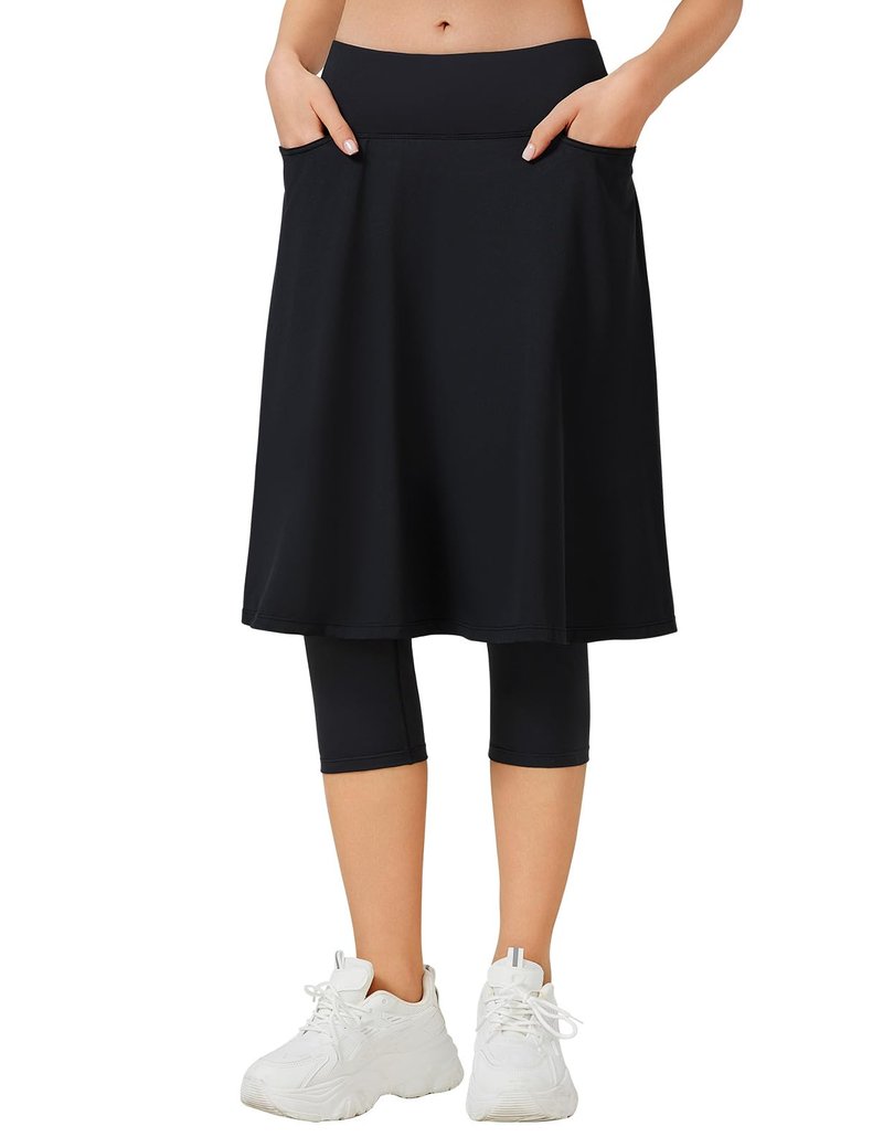 ANIVIVO 24" Long Knee Length Skirted Leggings for Women,Modest Athletic Skirt with Leggings Pleated Workout Skirt Zipper Pockets(Black,M)