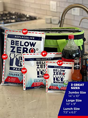 BELOW ZERO Large Reusable Ice Packs for Large Coolers and Lunch Bags – Patent Pending -Colder and Longer Lasting- Up to 48 Hour Cooling Ice Gel Pack - Factory Filled Sealed – Large 10”x9”