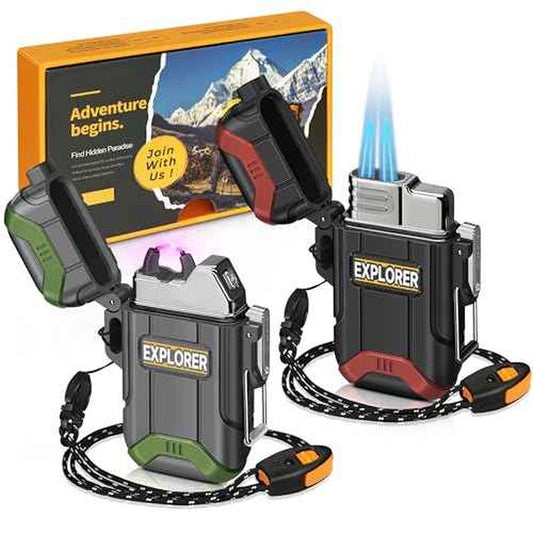 Lafagiet 2 Pack of USB-C Electric Lighter & Dual Torch Lighter Butane Gas refillable, Waterproof Windproof Lighters Multipack for Hiking, Camping, Outdoor Gear (NO Gas)