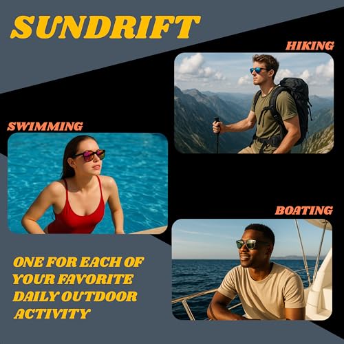 SUNDRIFT Sunglasses for Men & Women | Polarized Sunglasses | All-Terrain Glasses | UV400 Protection | Perfect for Hiking, Boating, Swimming, & Golfing | 3 Pack With Blue, Orange, & Olive Lenses
