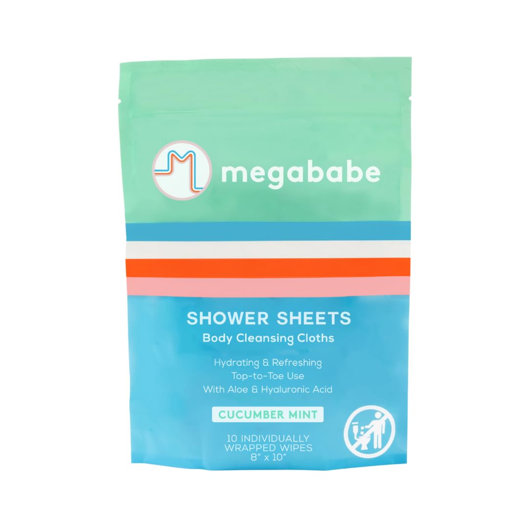 Megababe Cucumber Mint Shower Sheets | Summer and Hot Weather Essential | Individually Wrapped Body Cleansing Cloths | 10 Wipes (Pack of 1)