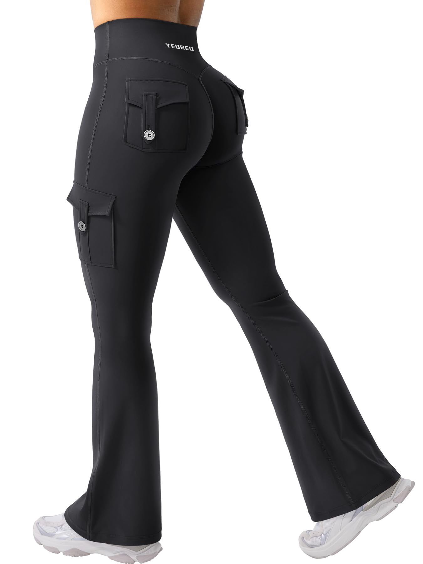 YEOREO CoreFlex Women Workout Flare Leggings with Pockets Hidden Scrunch High Waisted Cargo Gym Yoga No Front Seam Leggings Black M