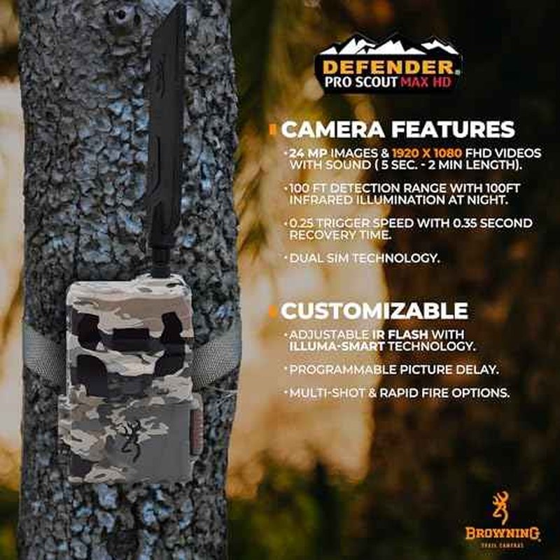 Browning Trail Cameras Defender Pro Scout Max HD 24MP Dual SIM Cellular Trail Camera - Ultra High Gain Antenna, Smart Infrared Video, 100' Detection Range & Smartphone App Compatibility (OVIX Camo)