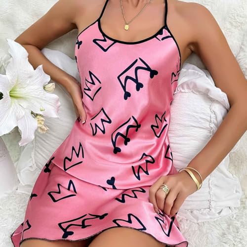 Womens Nightdress Fashion Print Sexy Backless Ice Silk Sling Pajamas Dresses Nightgowns Chemise Sleepwear Lingerie Style001 Pink Small