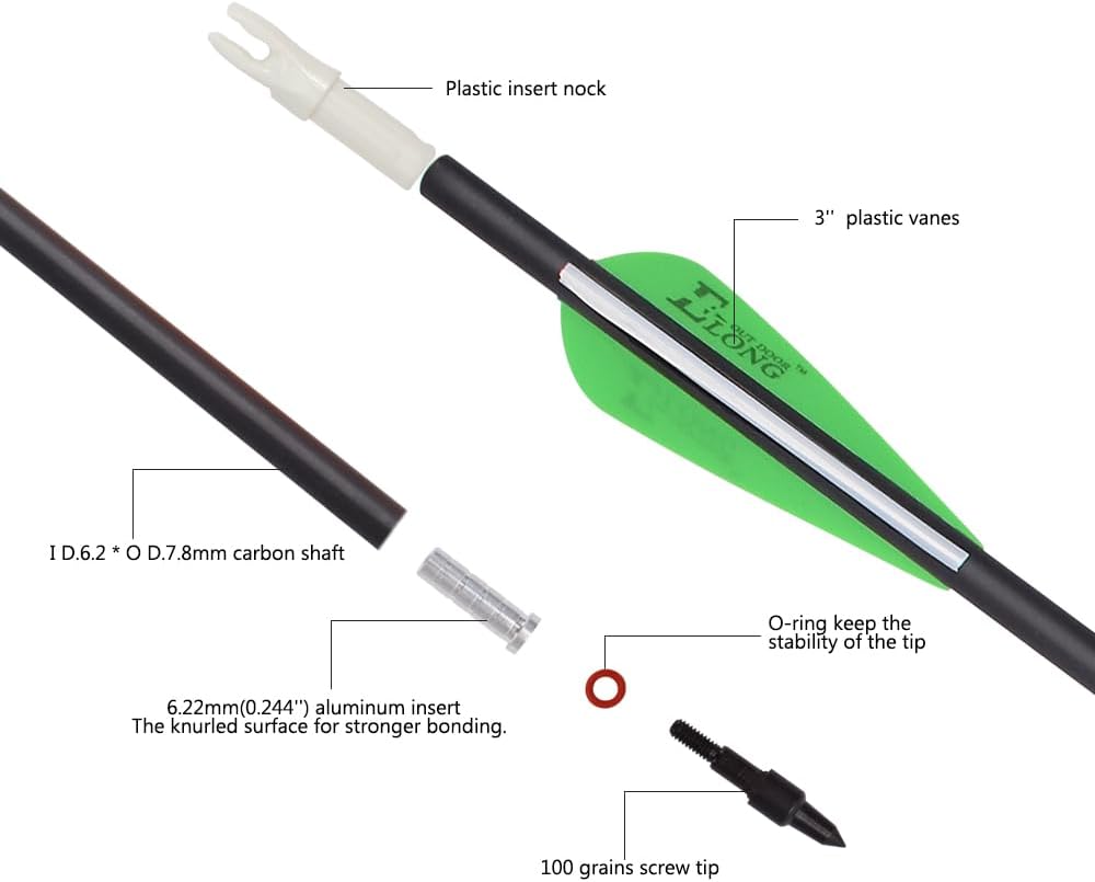 Carbon Arrows for Archery Bow - Hunting Target Practice with Removable Tips | 26, 28, 30 Inch, Spine 500, 6PCS/12PCS