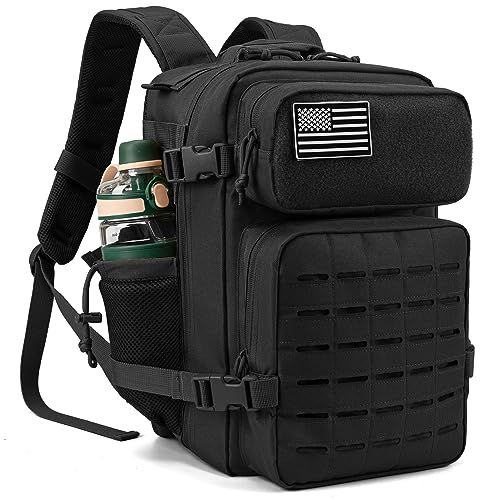 QT&QY Military Tactical Backpacks For Men Army Molle Daypack 45L Large 3 Day Bug Out Bag Gym Rucksack With Bottle Holder Black Camo