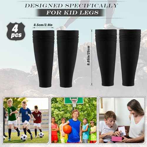 Tarpop 4 Pairs Kid Soccer Calf Sleeves Youth Leg Sleeves for Football Compression Protection Calf and Shin Support(Black)