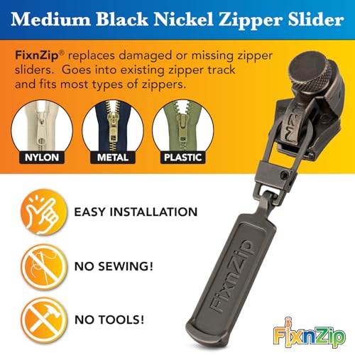 FixNZip Medium Black Nickel Zipper Repair Kit - No-Sew Slider Replacement for Jackets, Sleeping Bags, Tents, Duffel Bags - Pack of 3
