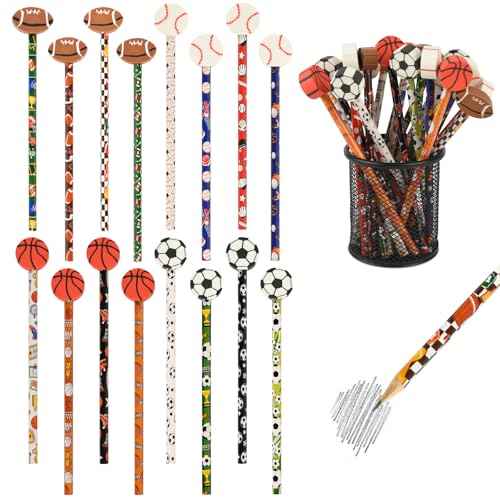 48 Pcs Sports Pencils and Erasers for Boys Girls Sports Birthday Gifts Assortment Stationery Pencils for Students Office School Classroom Supplies.