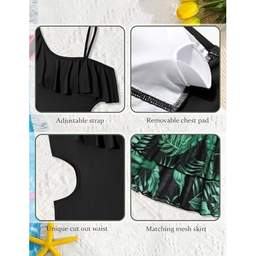 Girls One Piece Swimsuits Cut Out Swimsuit with Mesh Skirt Ruffle Girls Bathing Suit 9-16 Years Summer Beach Swimwear