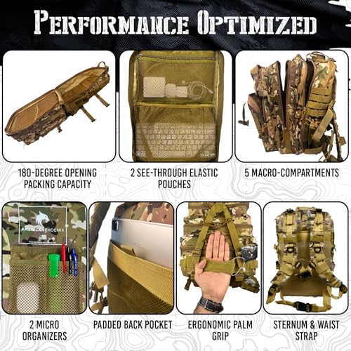 AMERICANPHOENIX 45L Elite Tactical Backpack | 3X Stronger Work & Military Backpack | Water Resistant and Heavy Duty | 3 Day MOLLE Bug Out Bag (Military OCP)