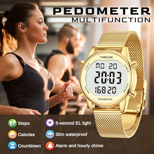 TIMEURE Women's Step Counter Watch with Stainless Steel Bracelet, Stylish Design, No App, No Charging Needed for Step, Calorie, Distance, Alarm, Countdown Timer，TU-2401(Gold)