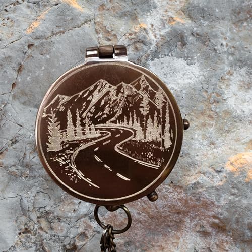 SFdizayn Mountains and Road Engraved Working Handmade Antiqued Brass Compass Gift for Men with ''for Your Adventures'' Stamped Leather Case