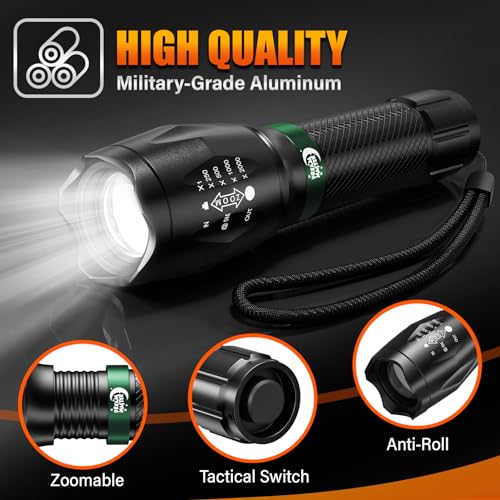 2 Pack LED Flashlights High Lumens with 6 AAA Batteries, 5 Modes Mini Waterproof Tactical Flashlight for Camping Hiking, Bright Flashlight with Zoomable, Fathers Day Gifts for Him, Black & Green