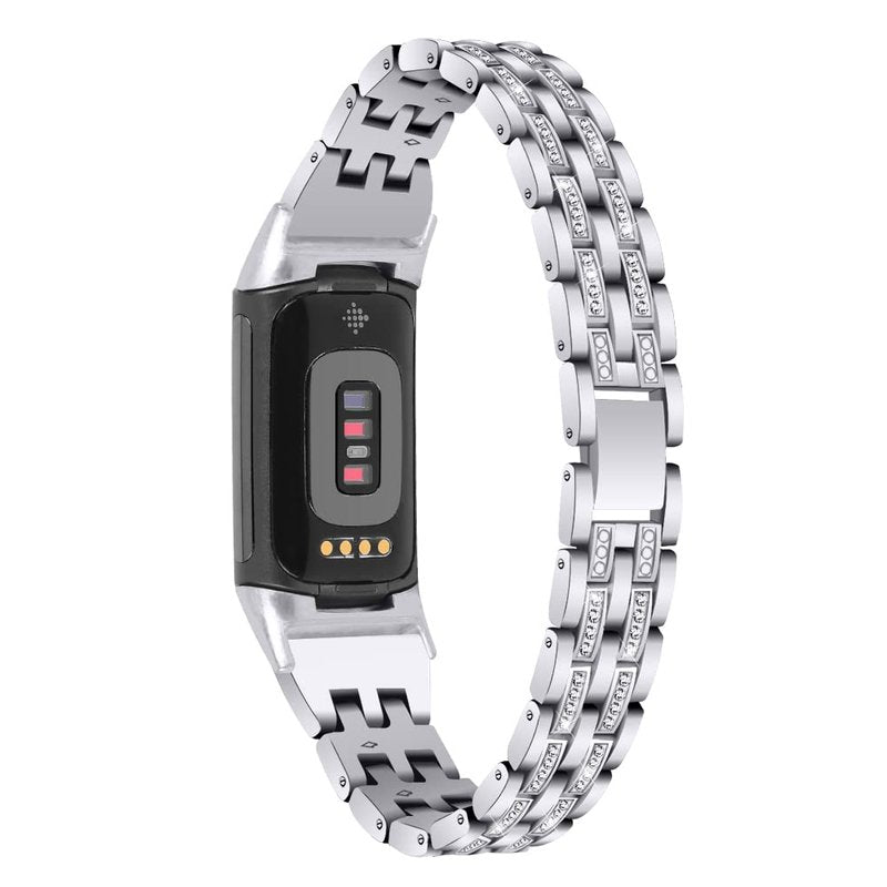 Chic Cute Bling Bands Compatible with Fitbit Charge 6/Charge 5 Fitness & Health Tracker,Rhinestone Dressy Bracelet Stainless Steel Metal Replacement Strap Wristbands Jewelry Strap Women(Silver)