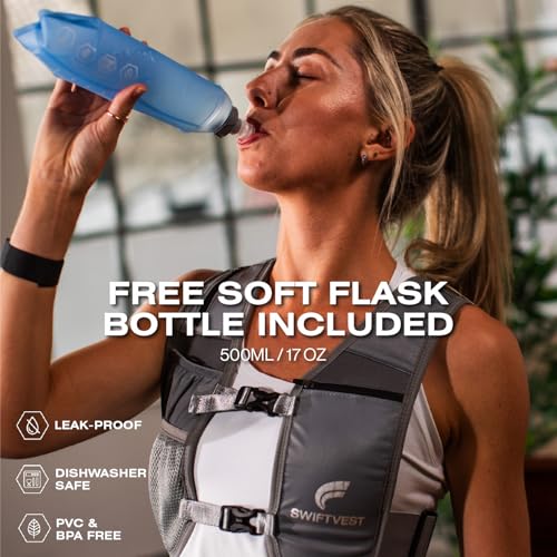 SWIFTVEST Running Phone Holder Vest with 500ml/17oz Running Water Bottle | Running Gift | Reflective Hydration Vest | Adjustable | Lightweight | 6 Pockets for Running Accessories | Men & Women