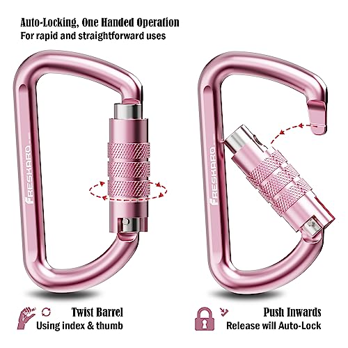 FresKaro 3inch Locking Carabiner Clips with a Twist Auto Lock, Heavy Duty Rated 2698lbs, Lightweight & Rustproof 7075 Aluminum, for Hammocks, Yoga Swings, Camping, Keychain or Backpacks. 2pcs, Pink.