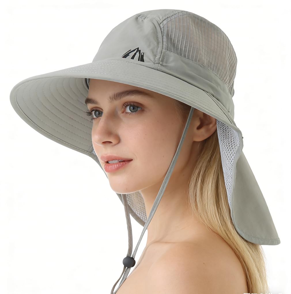 LMLALML Womens Sun Hats Hiking Fishinghat Wide Brim UPF 50+ UV Protection Gardening Hats with Large Neck Flap for Womens and Young Girls Light Gray