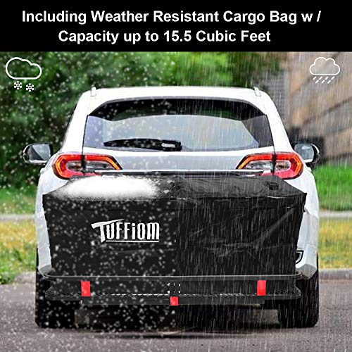 TUFFIOM 60" L x 20" W x 6" H Hitch Mount Cargo Carrier Folding Rack, 500lbs Heavy Duty Trailer Steel Luggage Basket with Waterproof Cargo Bag, Straps, Net & Stabilizer for Camping Travel