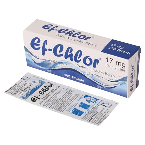 Ef-Chlor Water Purification Tablets (17 mg - 100 Tablets) - Portable Drinking Water Treatment - Ideal for Emergencies, Survival, Travel and Camping, Purifies 1 Gallon Water in 1 Tablet