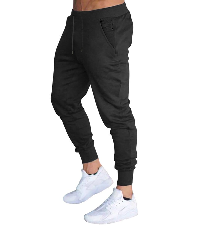 BUXKR Men's Slim Joggers Workout Pants for Gym Running and Bodybuilding Athletic Bottom Sweatpants with Deep Pockets,Black,L