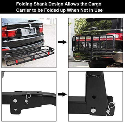 TUFFIOM 60" L x 20" W x 6" H Hitch Mount Cargo Carrier Folding Rack, 500lbs Heavy Duty Trailer Steel Luggage Basket with Waterproof Cargo Bag, Straps, Net & Stabilizer for Camping Travel